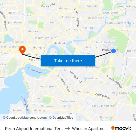 Perth Airport International Terminal T1 T2 to Wheeler Apartments Perth map