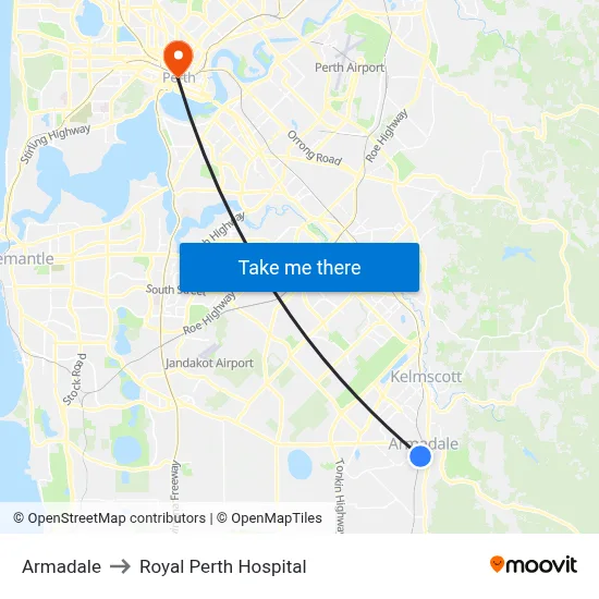 Armadale to Royal Perth Hospital map