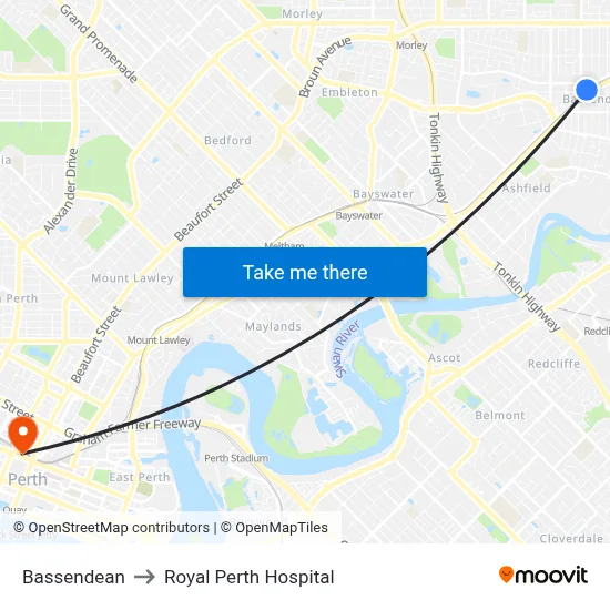 Bassendean to Royal Perth Hospital map