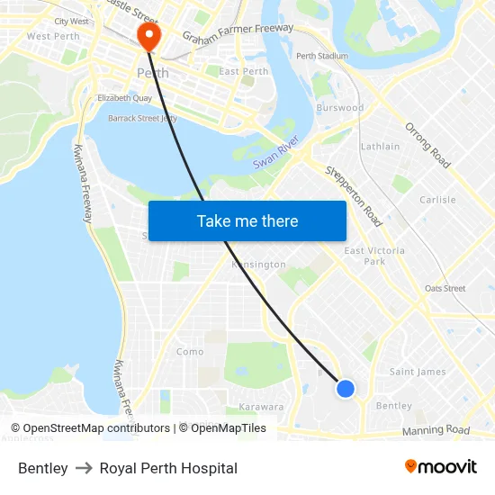 Bentley to Royal Perth Hospital map