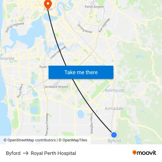 Byford to Royal Perth Hospital map