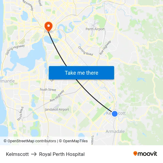 Kelmscott to Royal Perth Hospital map