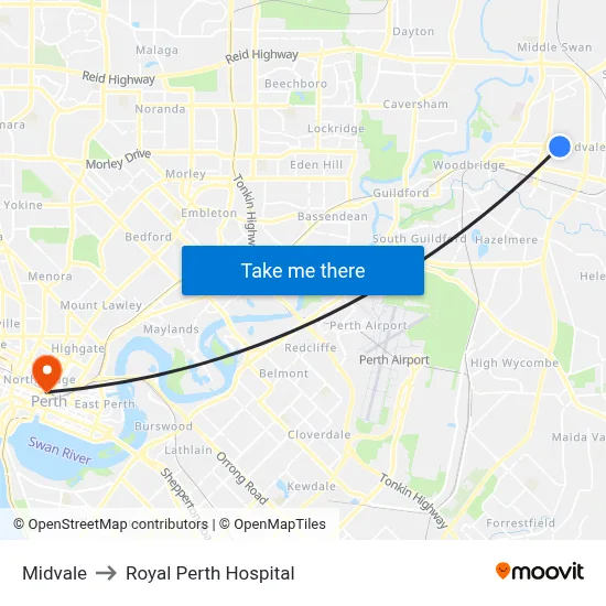 Midvale to Royal Perth Hospital map