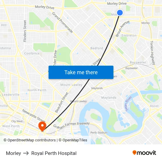 Morley to Royal Perth Hospital map