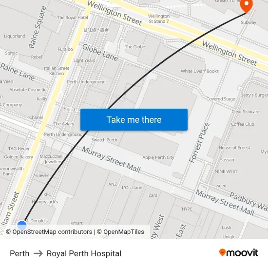 Perth to Royal Perth Hospital map