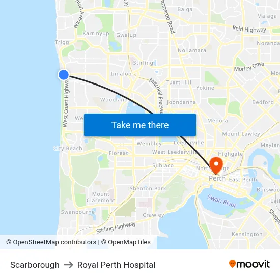 Scarborough to Royal Perth Hospital map