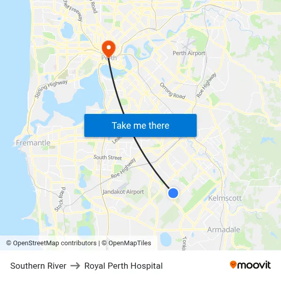 Southern River to Royal Perth Hospital map