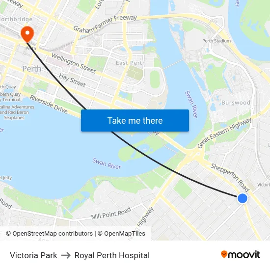 Victoria Park to Royal Perth Hospital map