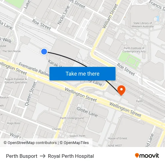 Perth Busport to Royal Perth Hospital map