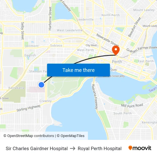 Sir Charles Gairdner Hospital to Royal Perth Hospital map