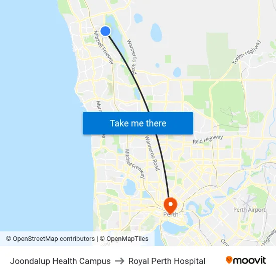 Joondalup Health Campus to Royal Perth Hospital map