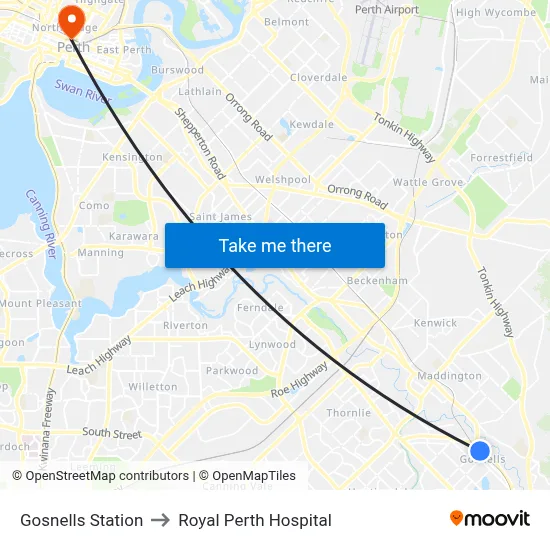 Gosnells Station to Royal Perth Hospital map