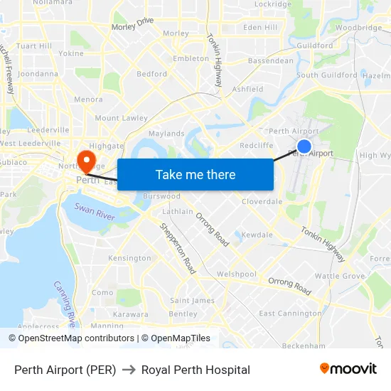 Perth Airport (PER) to Royal Perth Hospital map