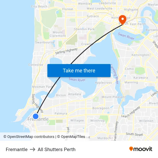 Fremantle to All Shutters Perth map