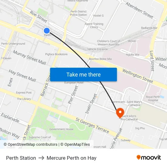 Perth Station to Mercure Perth on Hay map