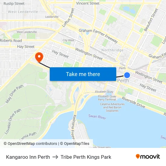 Kangaroo Inn Perth to Tribe Perth Kings Park map