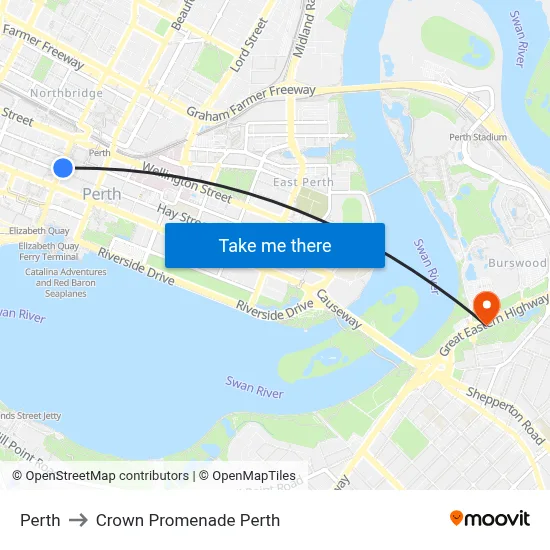 Perth to Crown Promenade Perth map