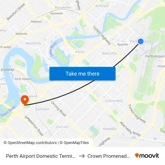 Perth Airport Domestic Terminal T3 T4 to Crown Promenade Perth map