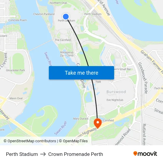 Perth Stadium to Crown Promenade Perth map