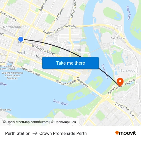 Perth Station to Crown Promenade Perth map