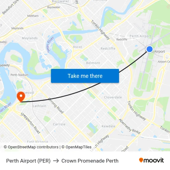 Perth Airport (PER) to Crown Promenade Perth map