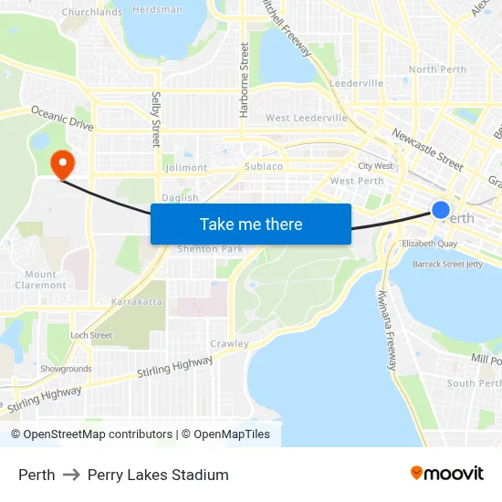 Perth to Perry Lakes Stadium map