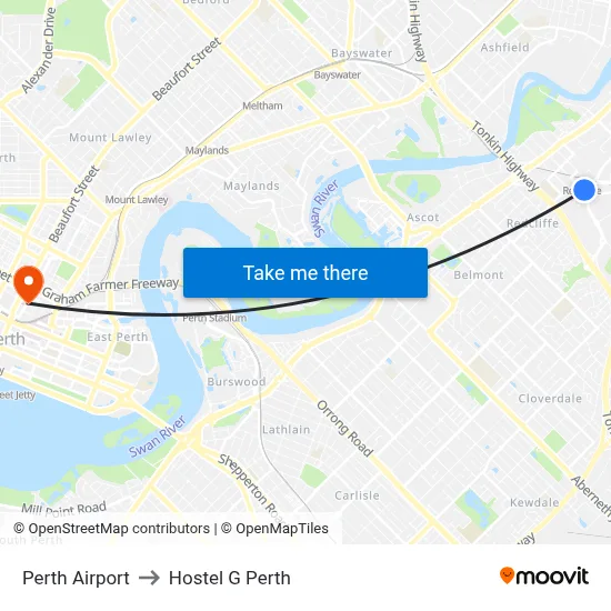 Perth Airport to Hostel G Perth map