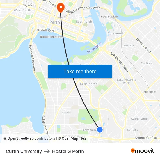 Curtin University to Hostel G Perth map