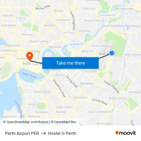 Perth Airport PER to Hostel G Perth map