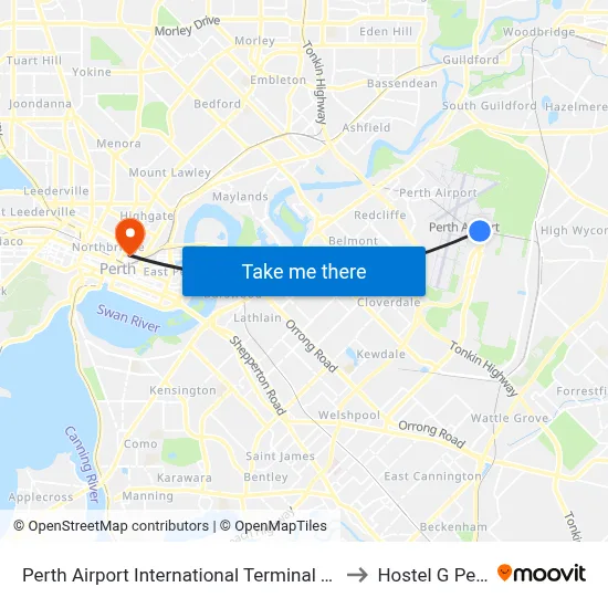 Perth Airport International Terminal T1 T2 to Hostel G Perth map