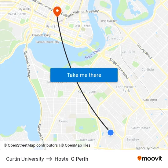Curtin University to Hostel G Perth map