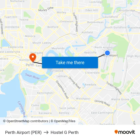 Perth Airport (PER) to Hostel G Perth map