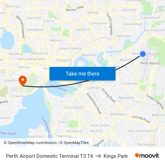 Perth Airport Domestic Terminal T3 T4 to Kings Park map