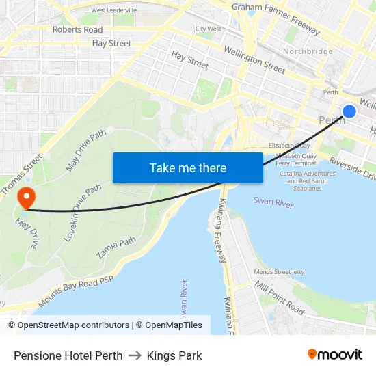 Pensione Hotel Perth to Kings Park map