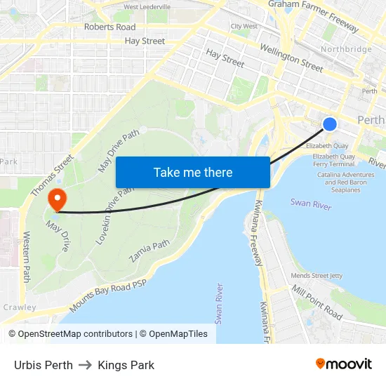 Urbis Perth to Kings Park map