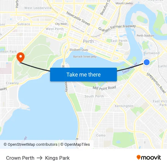 Crown Perth to Kings Park map