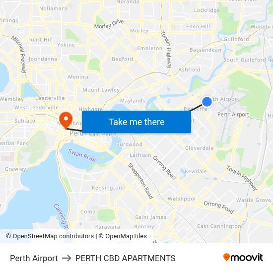 Perth Airport to PERTH CBD APARTMENTS map