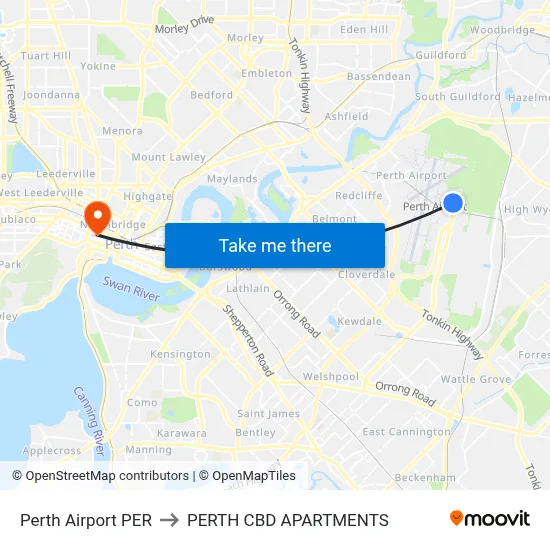 Perth Airport PER to PERTH CBD APARTMENTS map