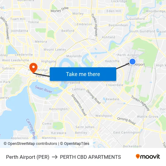 Perth Airport (PER) to PERTH CBD APARTMENTS map