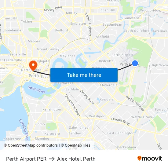 Perth Airport PER to Alex Hotel, Perth map