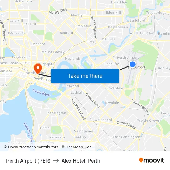 Perth Airport (PER) to Alex Hotel, Perth map