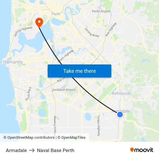 Armadale to Naval Base Perth map