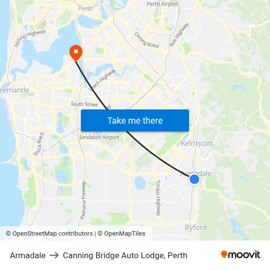 Armadale to Canning Bridge Auto Lodge, Perth map