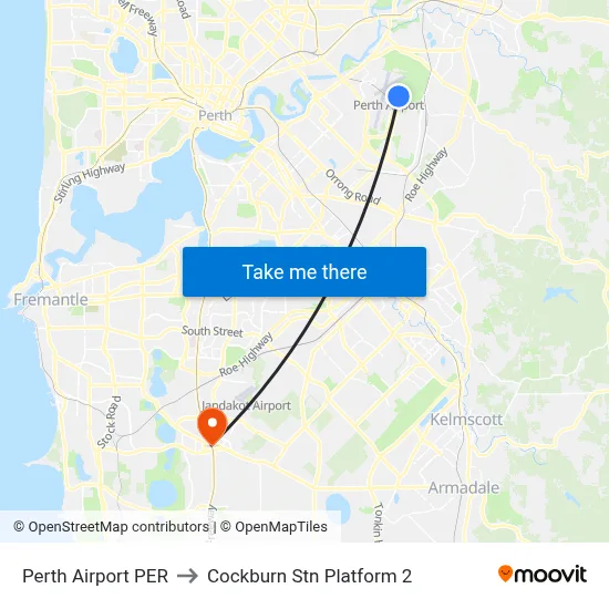 Perth Airport PER to Cockburn Stn Platform 2 map