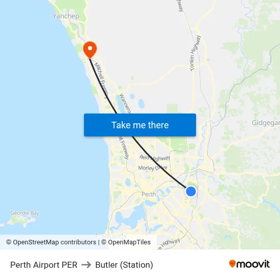 Perth Airport PER to Butler (Station) map