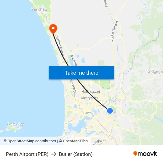 Perth Airport (PER) to Butler (Station) map
