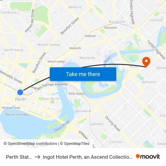 Perth Station to Ingot Hotel Perth, an Ascend Collection Hotel map