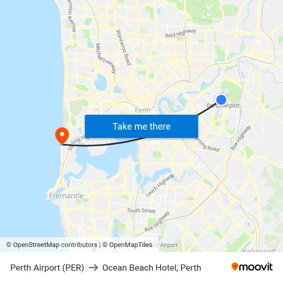 Perth Airport (PER) to Ocean Beach Hotel, Perth map