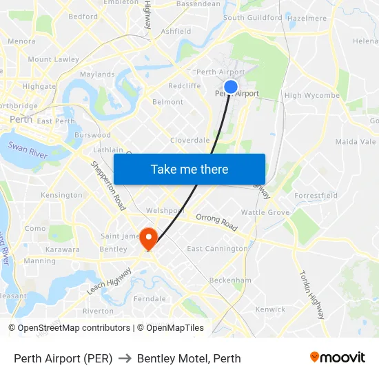 Perth Airport (PER) to Bentley Motel, Perth map
