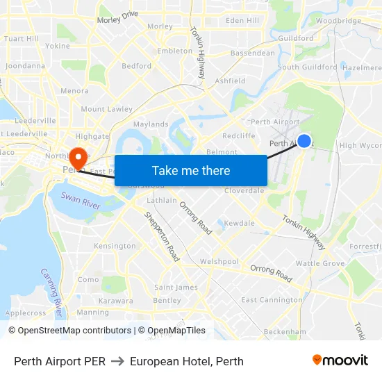 Perth Airport PER to European Hotel, Perth map